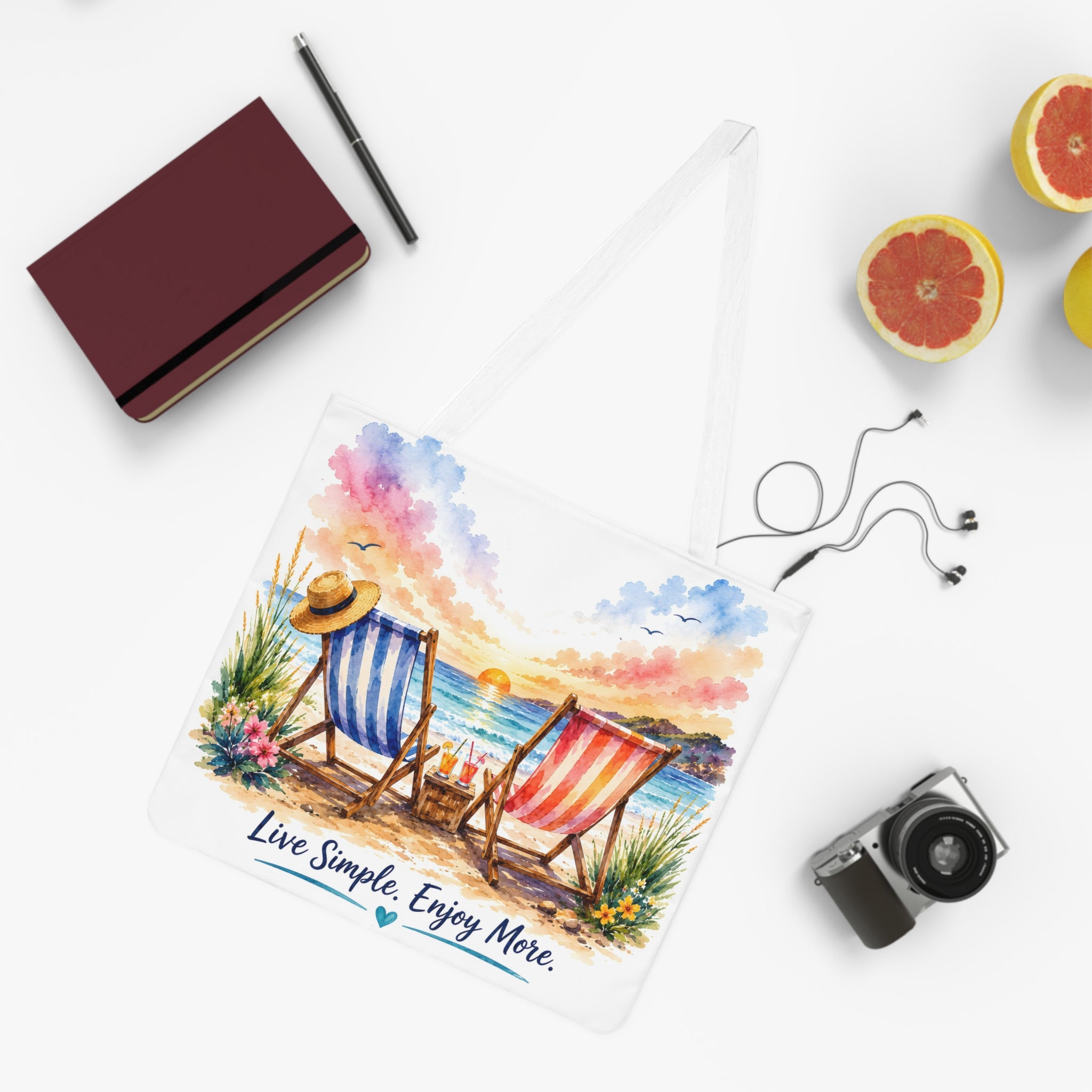 Large Beach Tote Bag – Live Simple. Enjoy More.