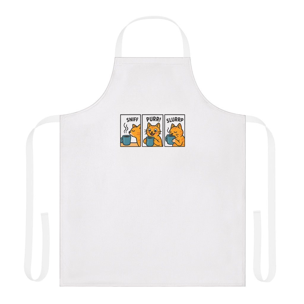 White apron with cartoon coffee cat design on a white background