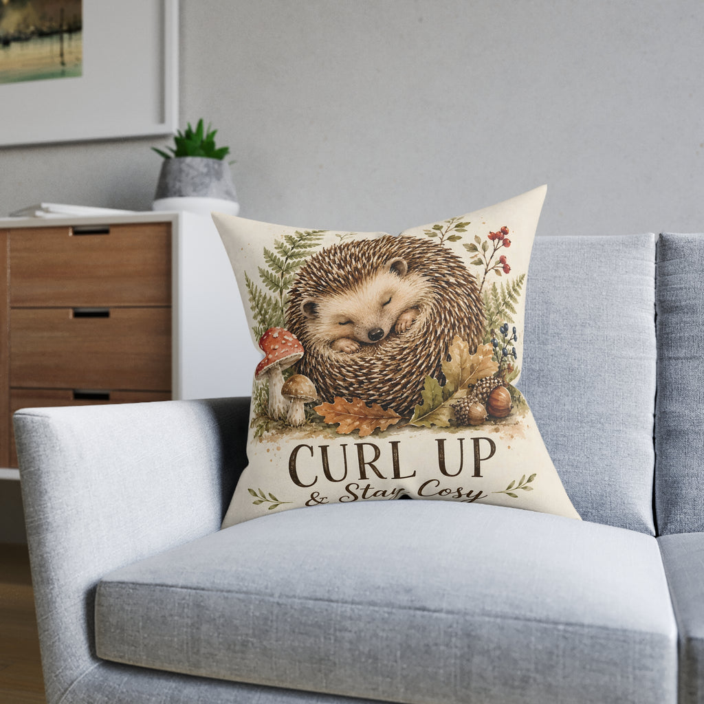 Square Cushion – Curl Up & Stay Cosy Hedgehog | Woodland Animal Cushion