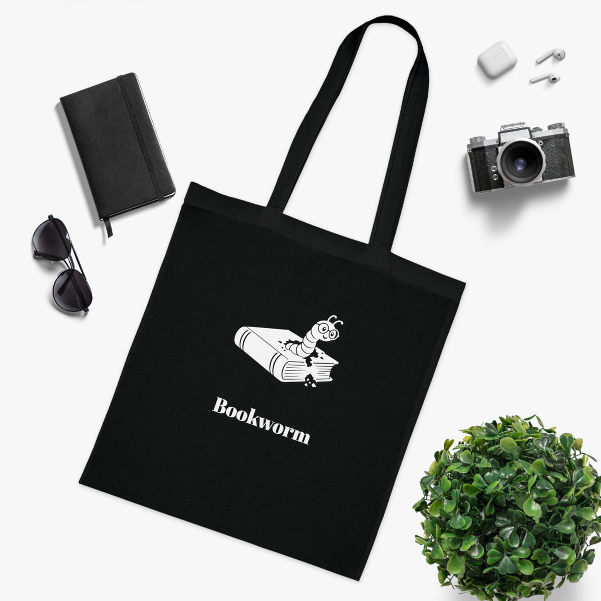 Bookworm Cotton Tote Bag — Black Reusable Grocery & Everyday Tote with Bookworm Graphic