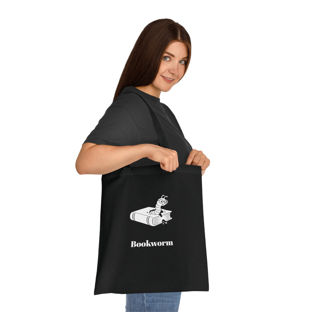 Bookworm Cotton Tote Bag — Black Reusable Grocery & Everyday Tote with Bookworm Graphic