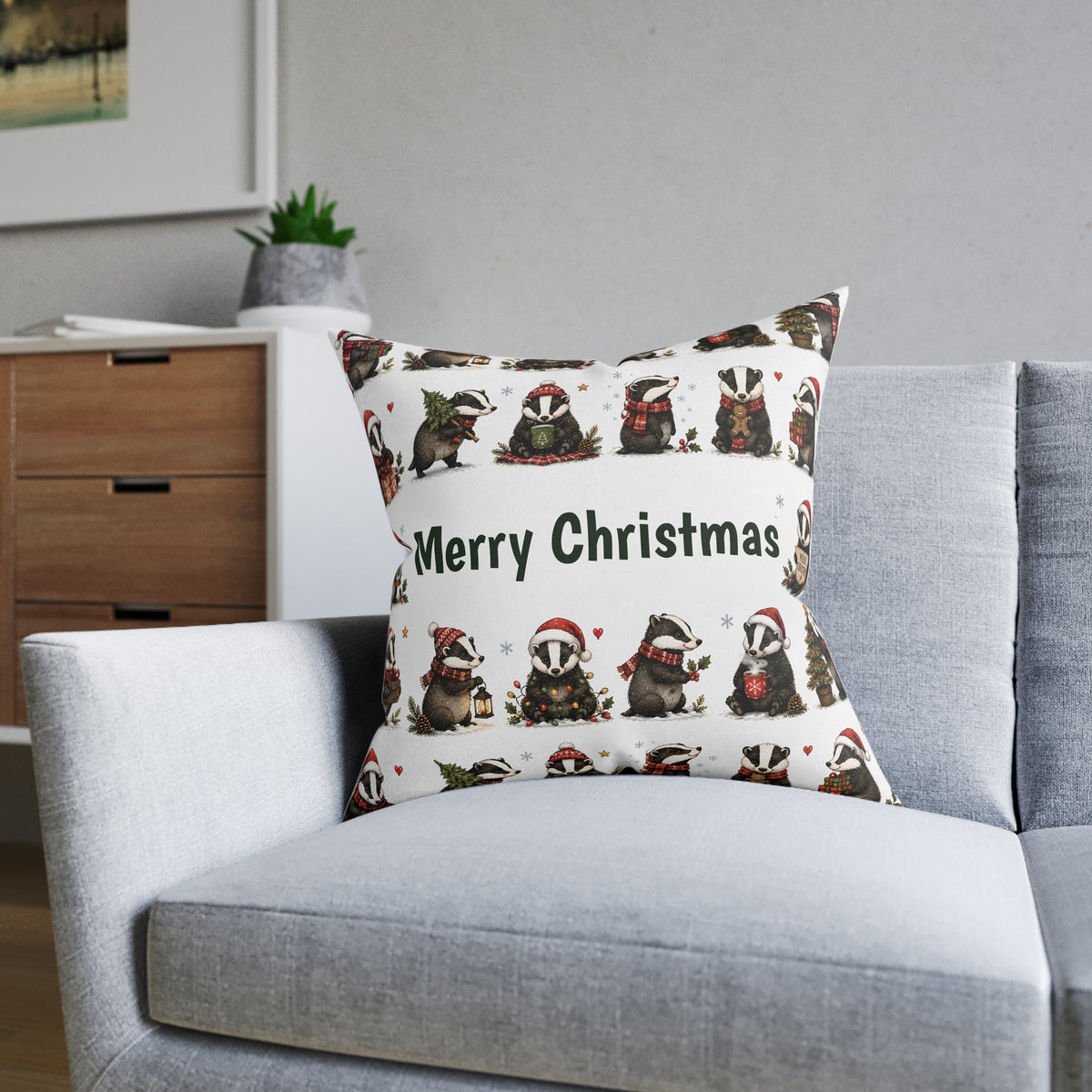 Square Cushion – Christmas Woodland Badger | Festive Wildlife Cushion