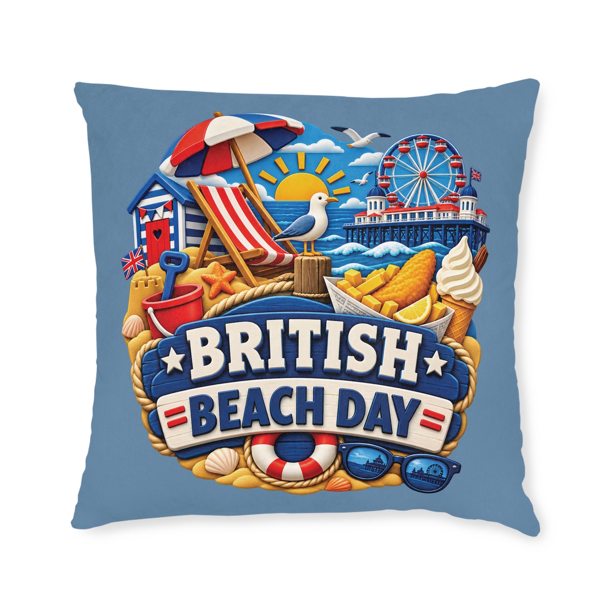 Square Cushion – British Beach Day | Seaside & Coastal Cushion