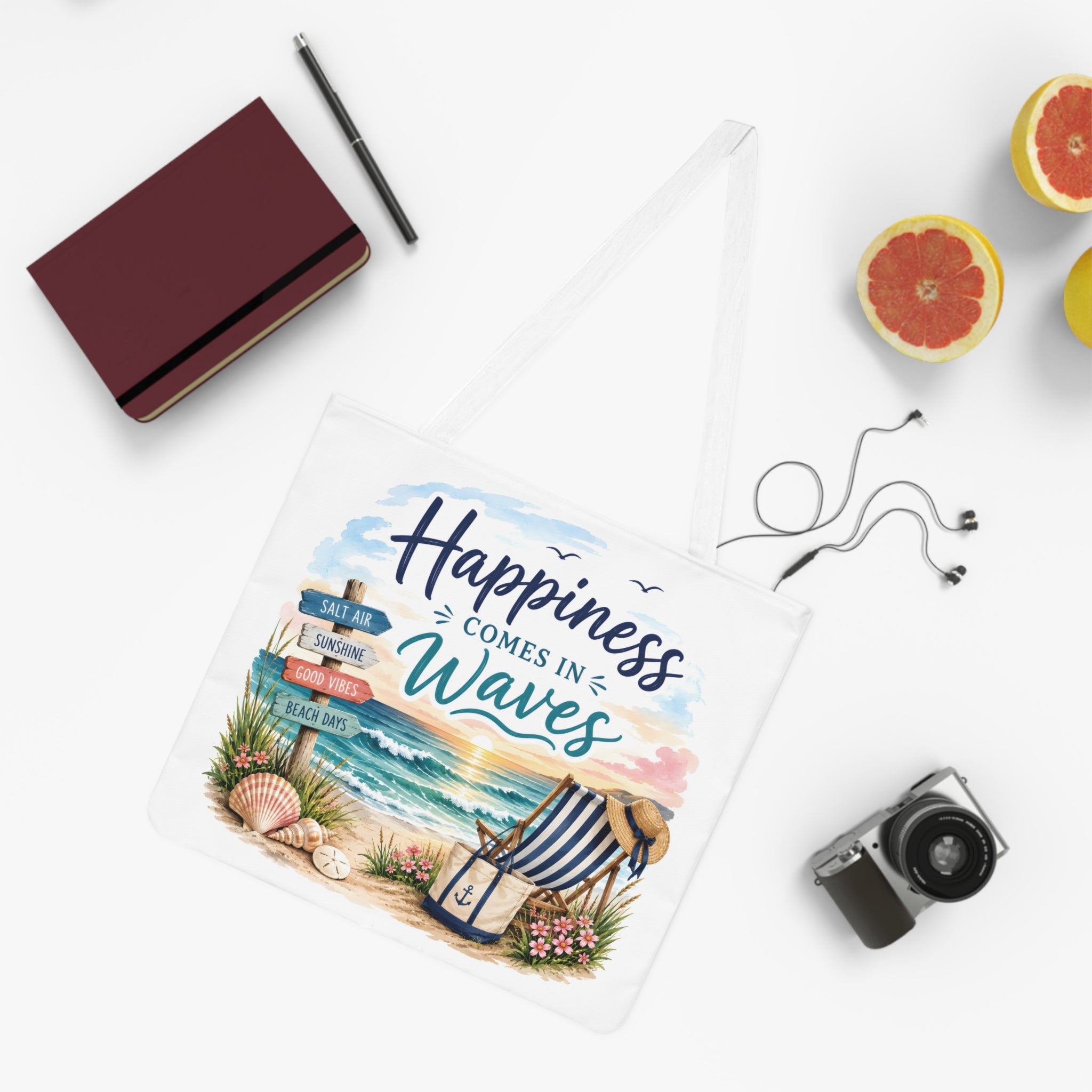 Large Beach Tote Bag – Happiness Comes in Waves