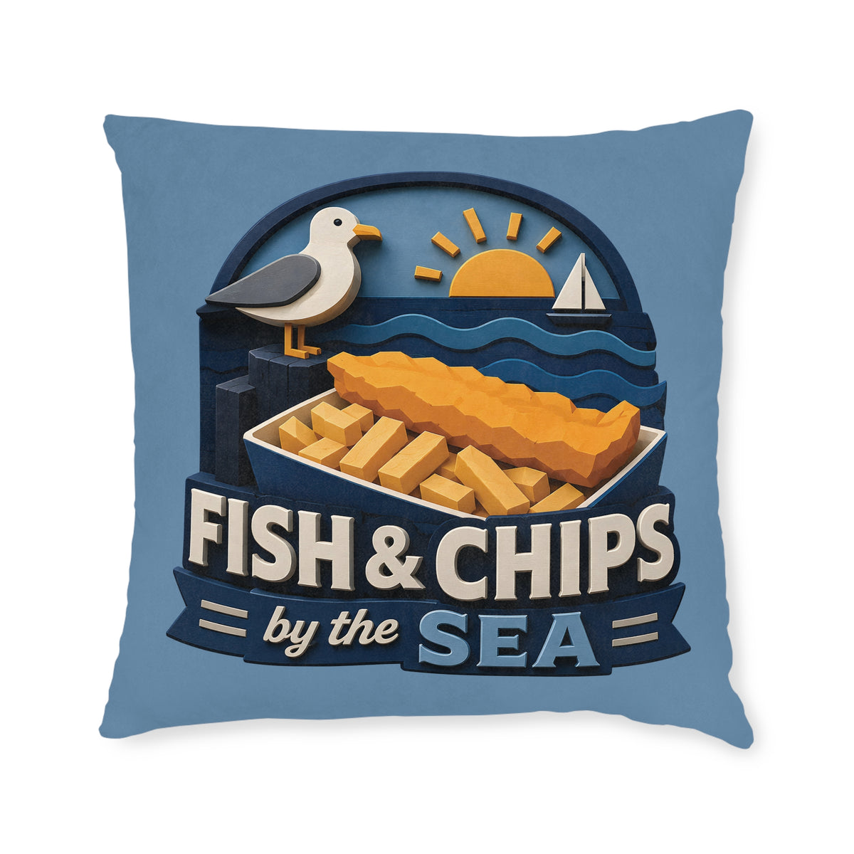 Square Cushion – Fish & Chips By The Sea | British Seaside Cushion
