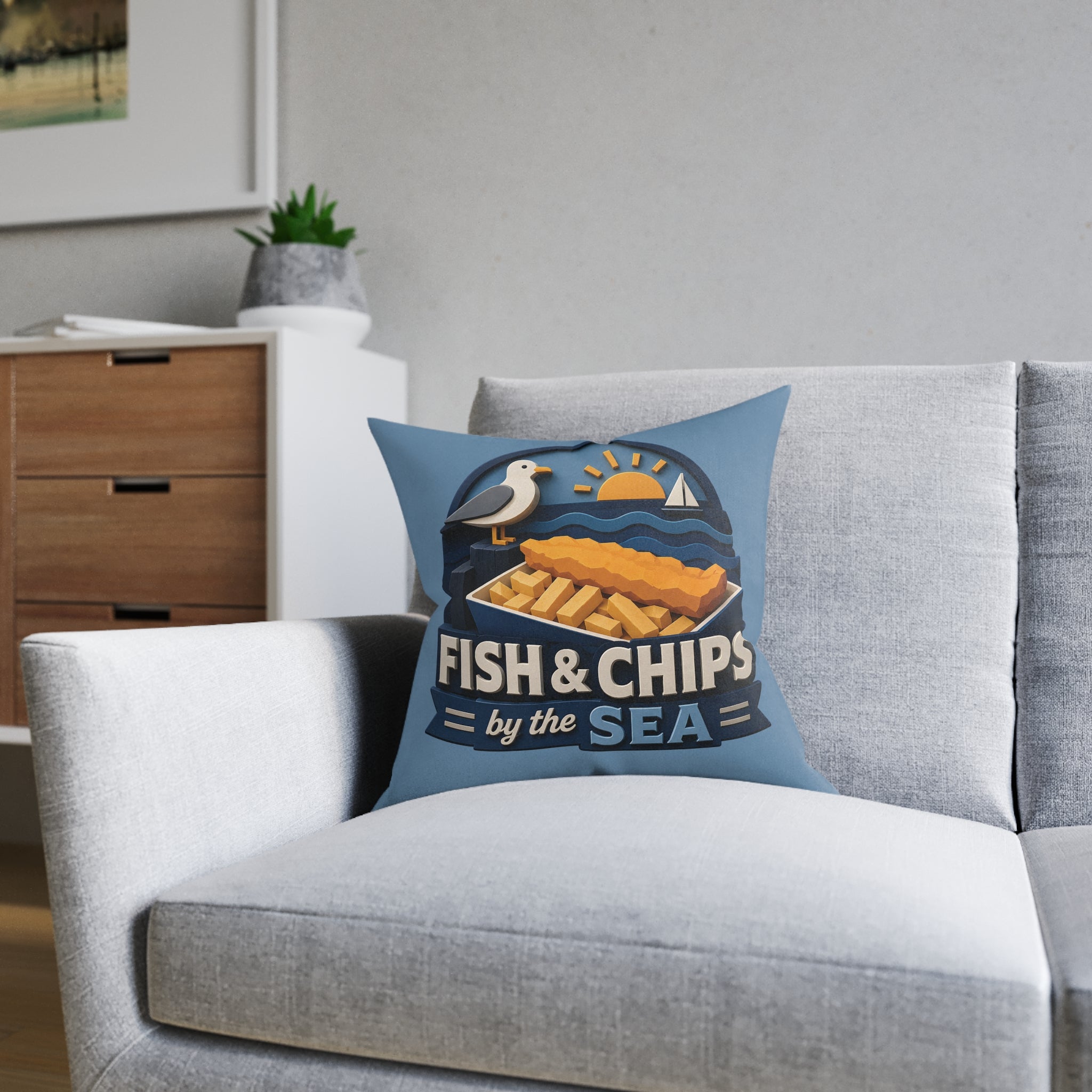 Square Cushion - Fish & Chips By the Sea