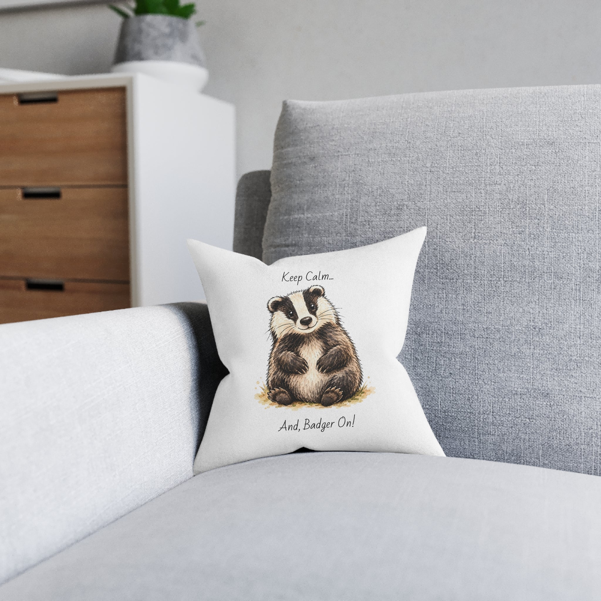Square Cushion – Keep Calm... And Badger On | Woodland Animal Cushion