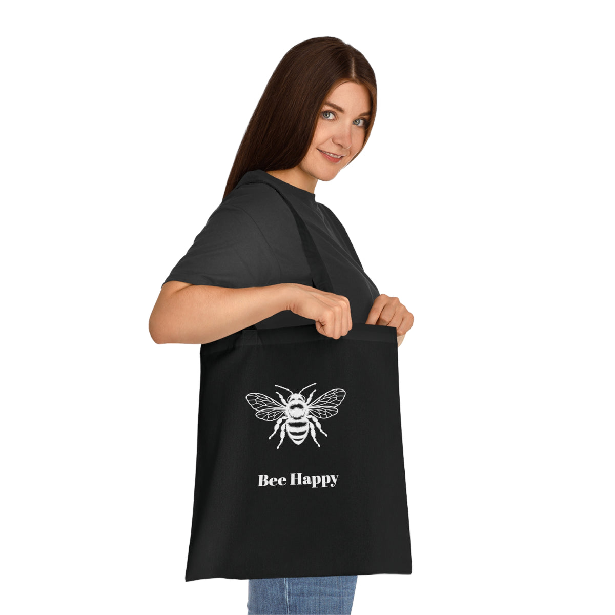 Bee Happy Cotton Tote Bag — Black Reusable Grocery & Everyday Tote with Bee Graphic