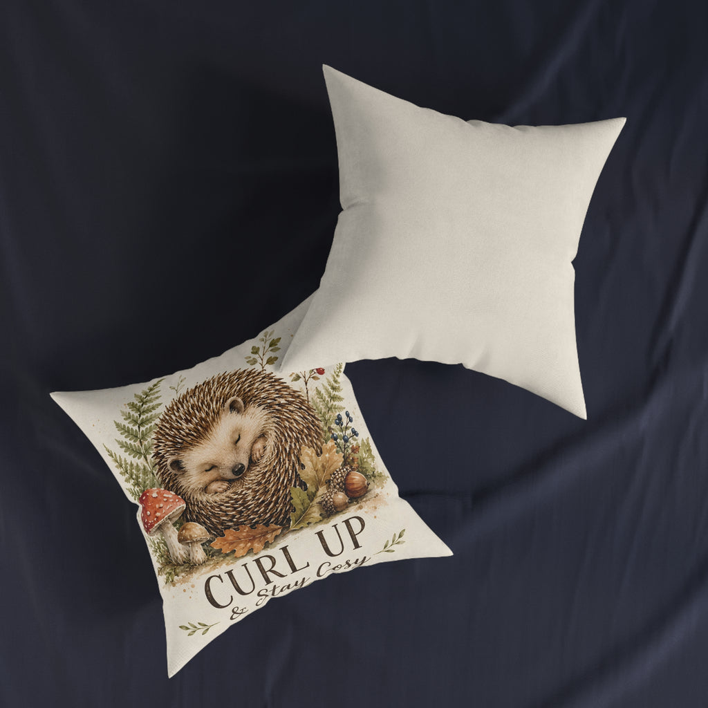 Square Cushion – Curl Up & Stay Cosy Hedgehog | Woodland Animal Cushion