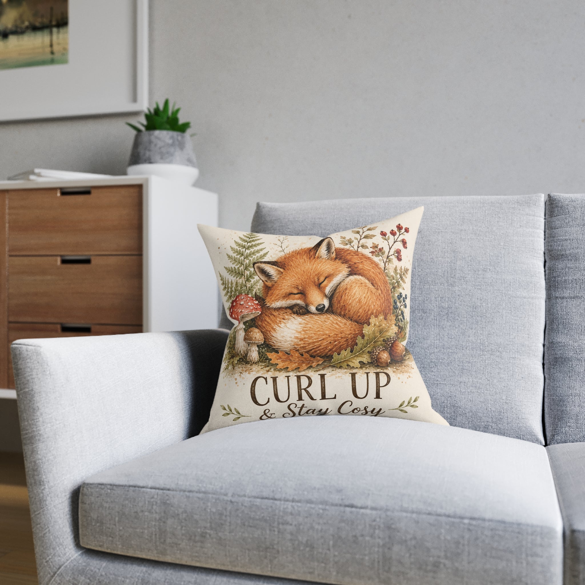 Square Cushion – Curl Up & Stay Cosy Fox | Woodland Animal Cushion